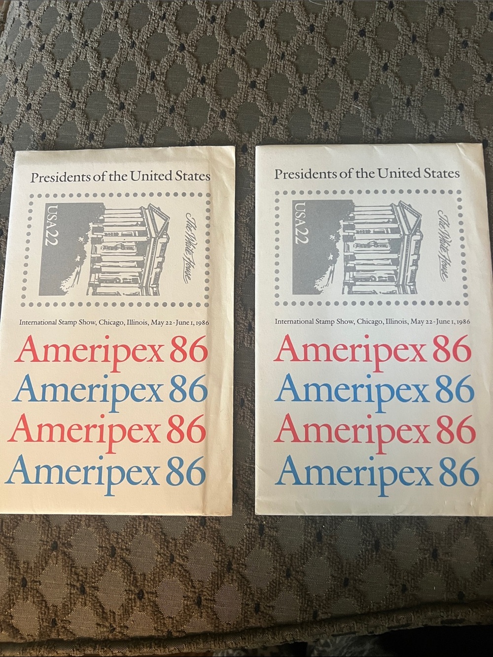 Collectible stamps
- Cream with Red & Blue Text